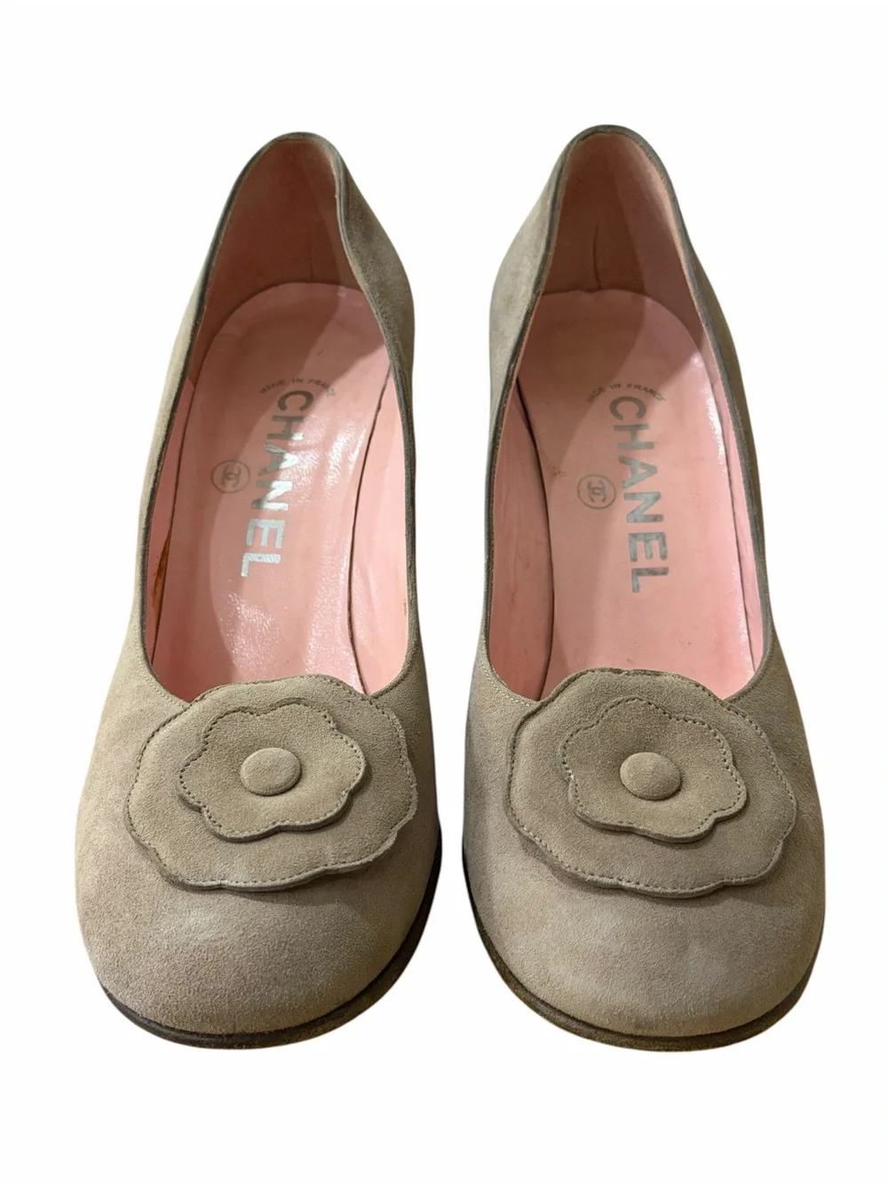 CHANEL Vintage Taupe Beige Suede Flower Pumps Heels Size 36 Made in France